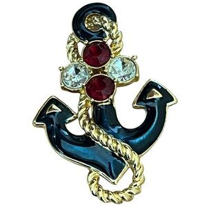 Trifari Navy Anchor Gold Tone Brooch Pin Rope Red White Rhinestones Nautical Pin